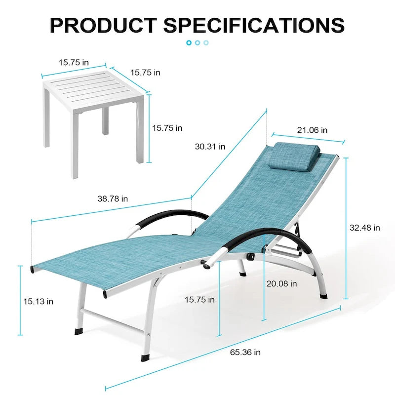 Ensemble de chaises longues pliantes réglables et portables avec table pour l'extérieur