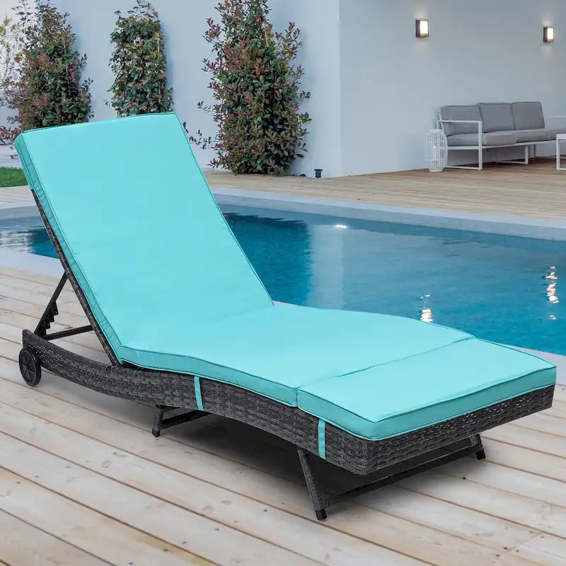 Wicker recliner, outdoor PE cane pool recliner with adjustable back and removable mat and wheels