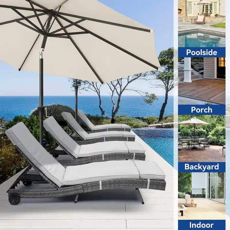 Chaise longue en osier, chaise longue de piscine en rotin PE tressé avec dossier réglable, tapis amovible et roues