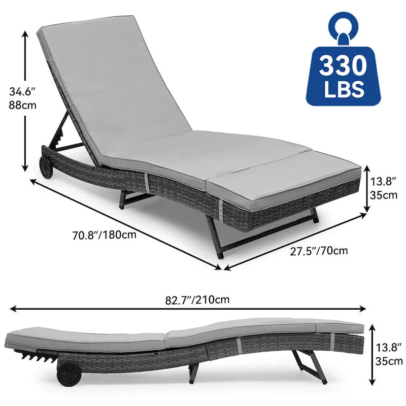 Chaise longue en osier, chaise longue de piscine en rotin PE tressé avec dossier réglable, tapis amovible et roues