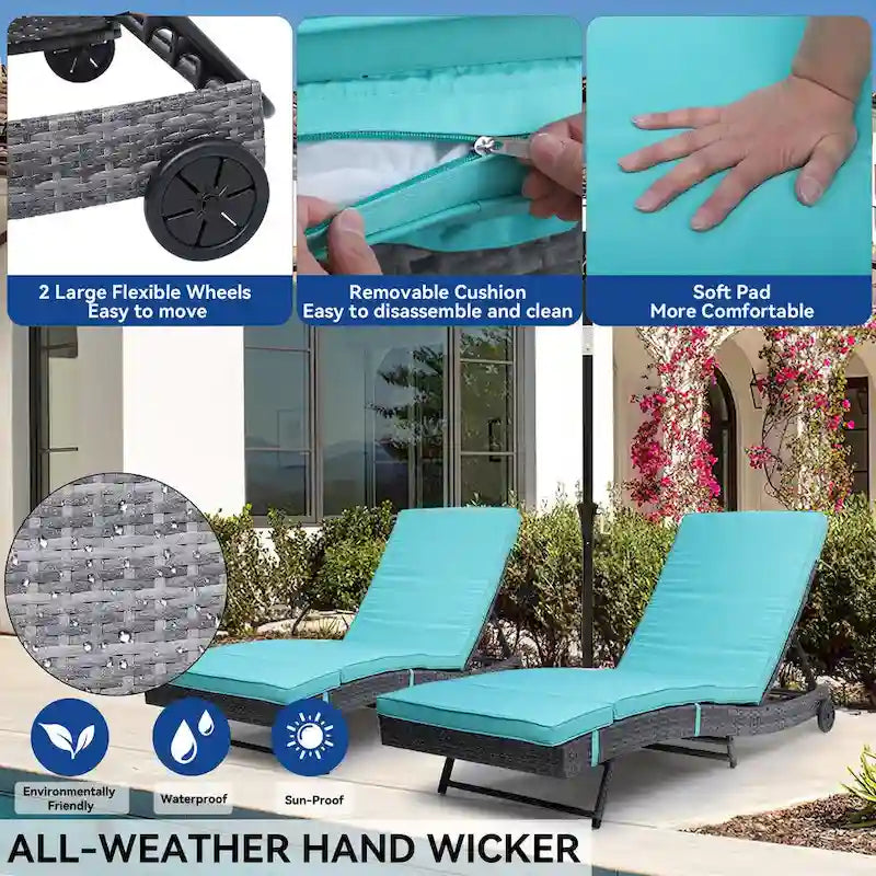 Chaise longue en osier, chaise longue de piscine en rotin PE tressé avec dossier réglable, tapis amovible et roues