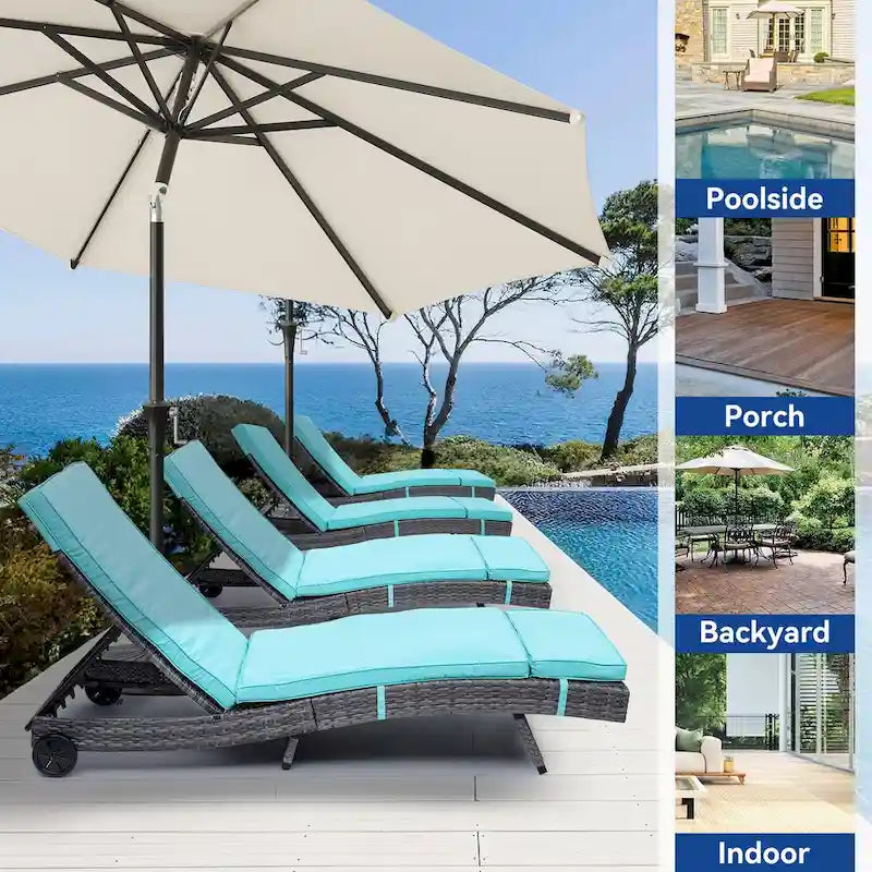 Chaise longue en osier, chaise longue de piscine en rotin PE tressé avec dossier réglable, tapis amovible et roues