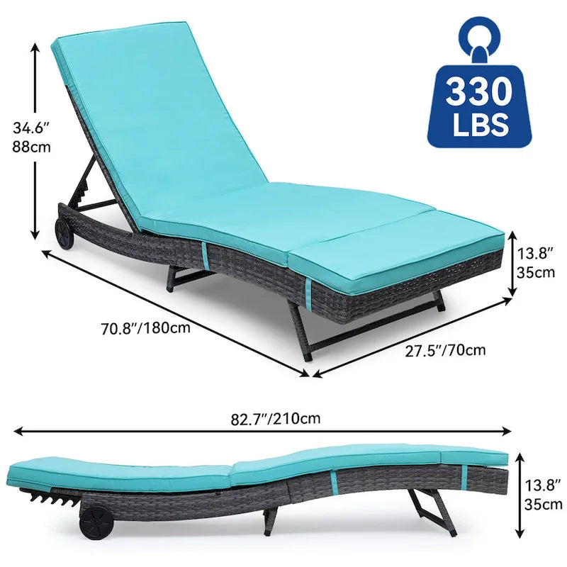 Chaise longue en osier, chaise longue de piscine en rotin PE tressé avec dossier réglable, tapis amovible et roues