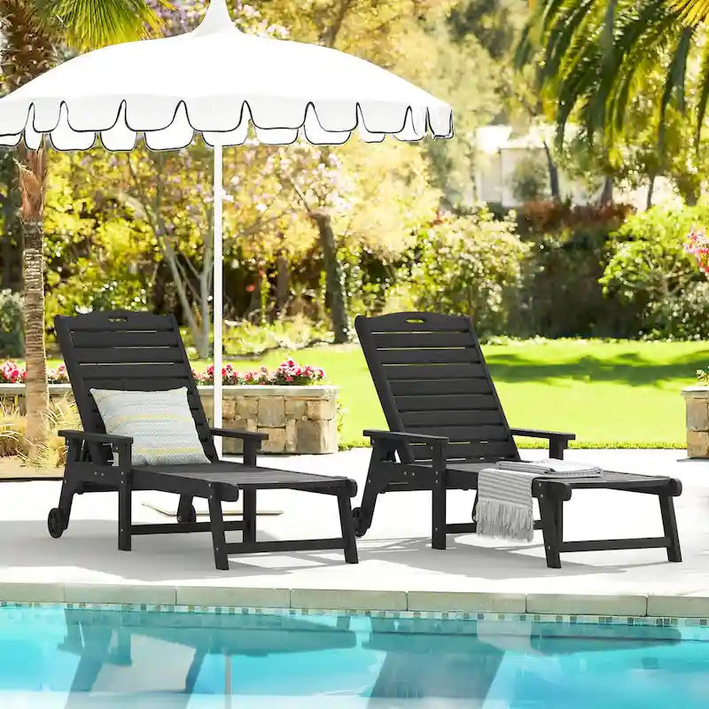 LUE BONA Chaises longues de patio réglables à roulettes avec accoudoirs pour terrasse, jardin ou piscine (Lot de 2)