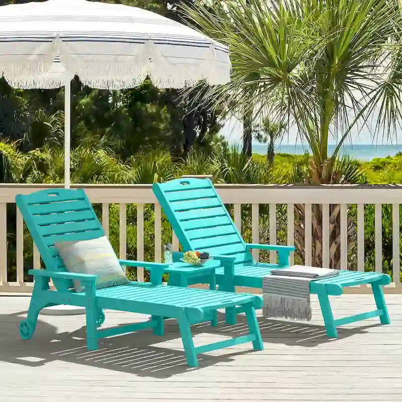 LUE BONA Chaises longues de patio réglables à roulettes avec accoudoirs pour terrasse, jardin ou piscine (Lot de 2)