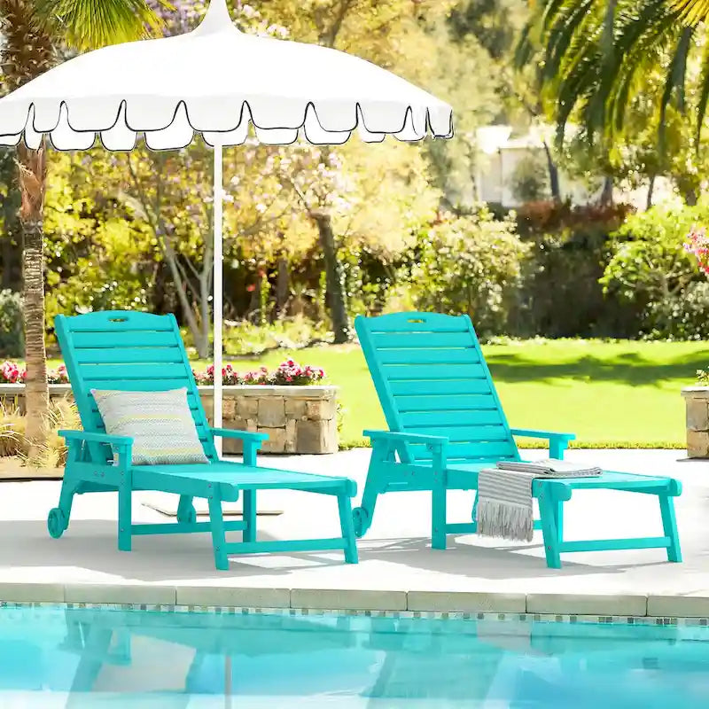 LUE BONA Chaises longues de patio réglables à roulettes avec accoudoirs pour terrasse, jardin ou piscine (Lot de 2)