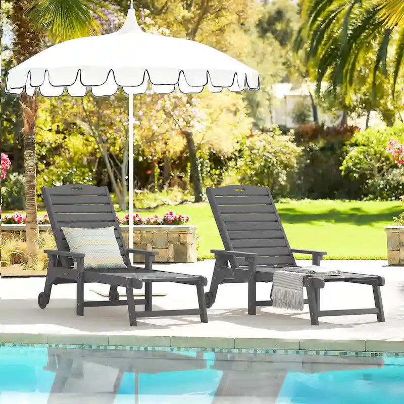 LUE BONA Chaises longues de patio réglables à roulettes avec accoudoirs pour terrasse, jardin ou piscine (Lot de 2)