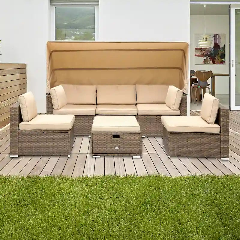 Moasis 6 Pieces Patio Wicker Sofa Daybed Furniture Set with Retractable Canopy - 7 Pcs
