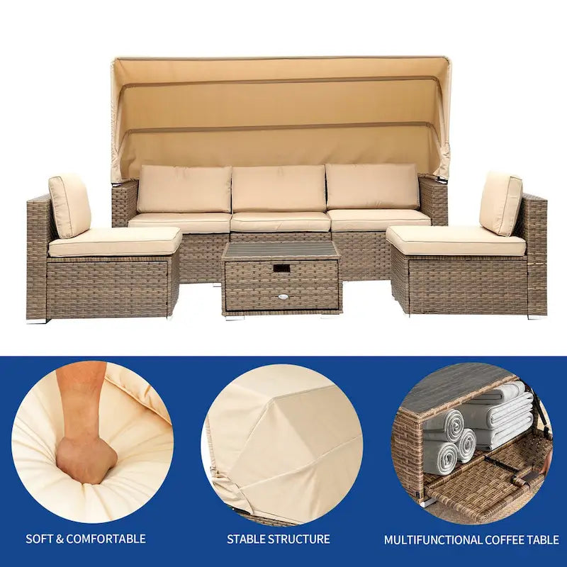 Moasis Ensemble de 6 pièces de mobilier de salon de jardin en osier avec baldaquin rétractable - 7 pièces
