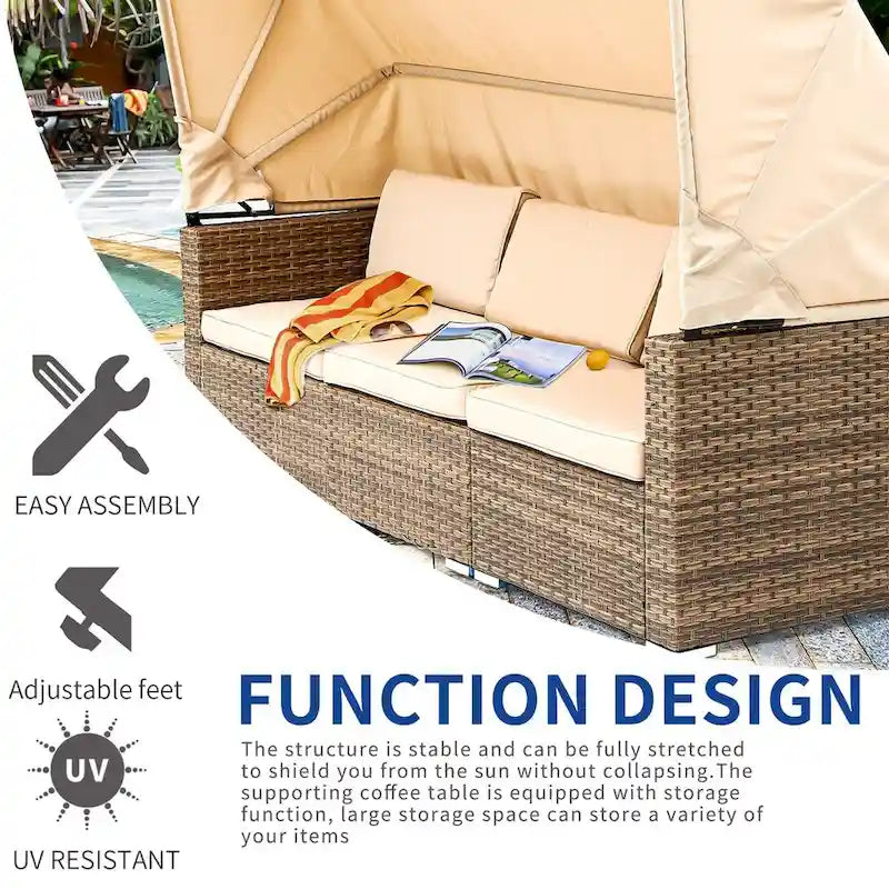 Moasis Ensemble de 6 pièces de mobilier de salon de jardin en osier avec baldaquin rétractable - 7 pièces