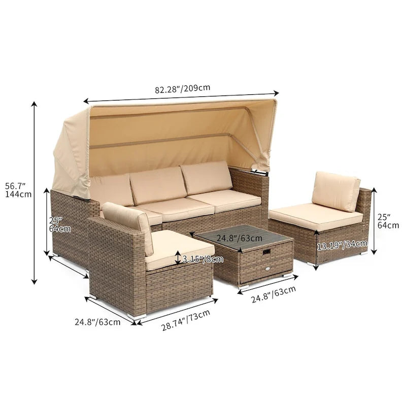 Moasis Ensemble de 6 pièces de mobilier de salon de jardin en osier avec baldaquin rétractable - 7 pièces