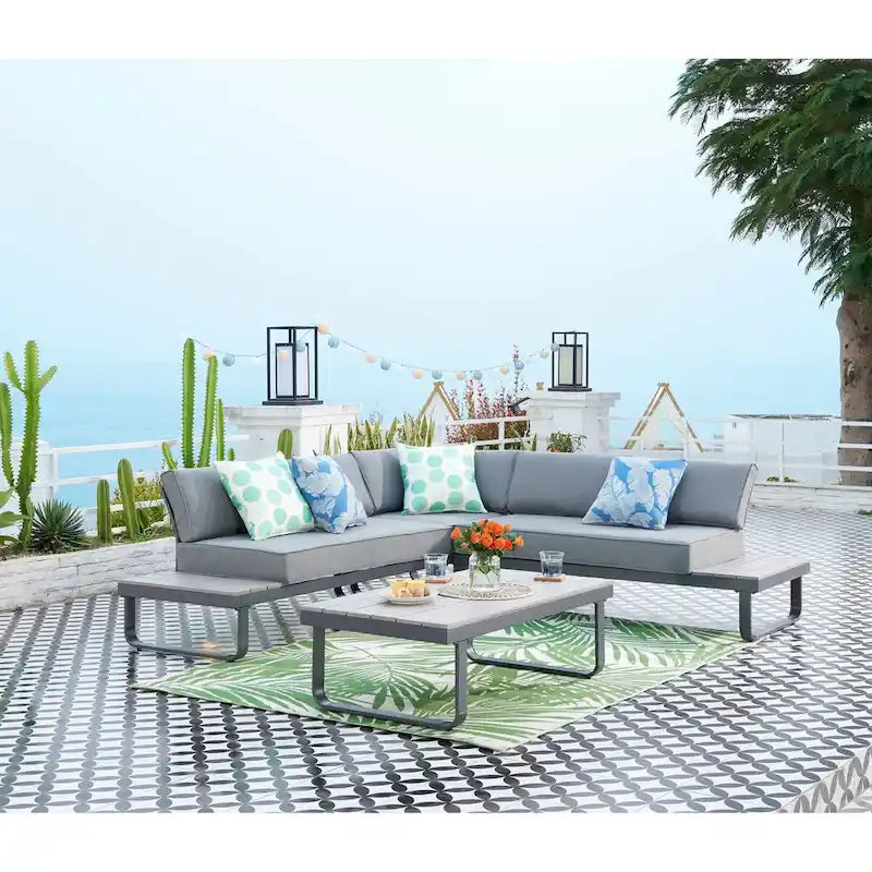 3-Pieces Metal Patio Conversation Set with Gray Cushions and Coffee Table 5-Person Outdoor Sectional Seating Furniture