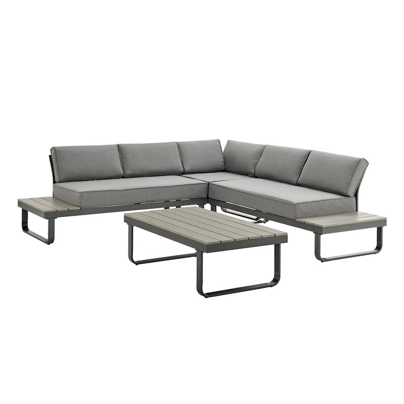 Ensemble de conversation d'extérieur en métal 3 pièces avec coussins gris et table basse Meubles de section à 5 places