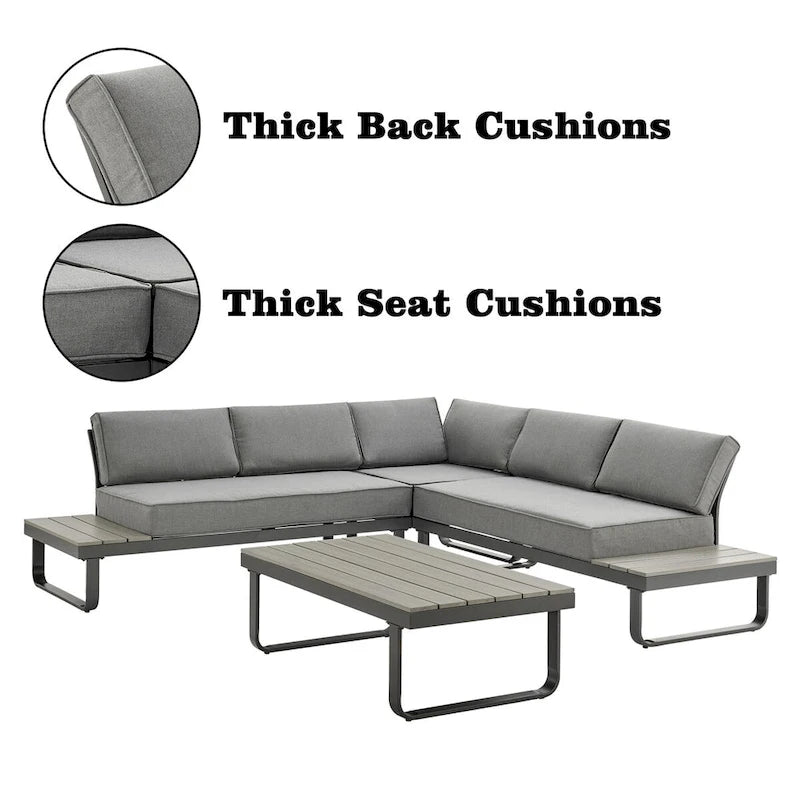 Ensemble de conversation d'extérieur en métal 3 pièces avec coussins gris et table basse Meubles de section à 5 places