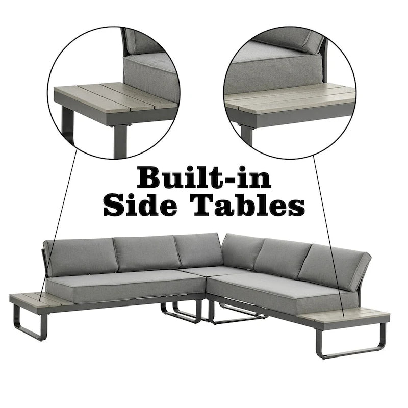 Ensemble de conversation d'extérieur en métal 3 pièces avec coussins gris et table basse Meubles de section à 5 places