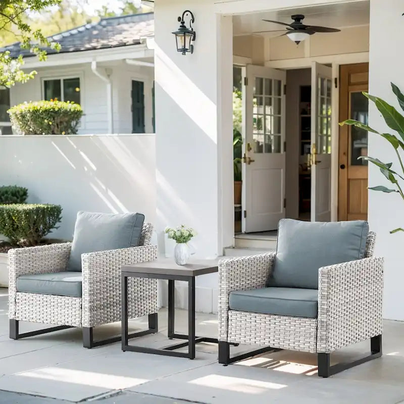 Wicker Outdoor High Back Patio Chairs with Table - Light Grey