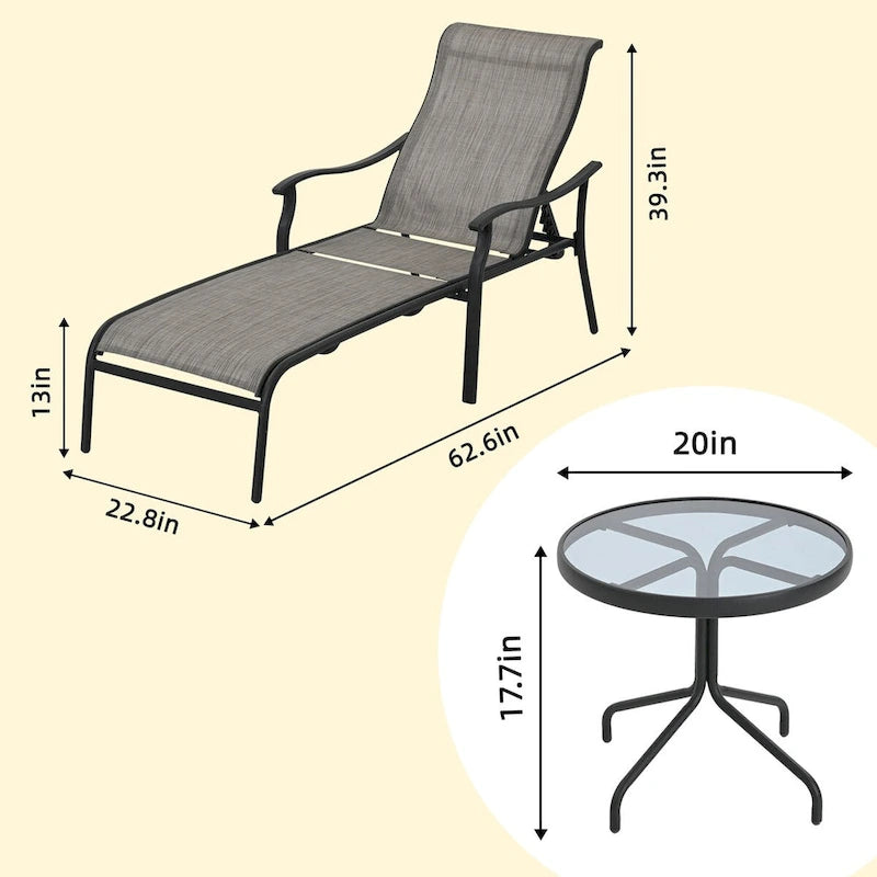 Chaise longue d'extérieur 3 pièces avec table d'appoint