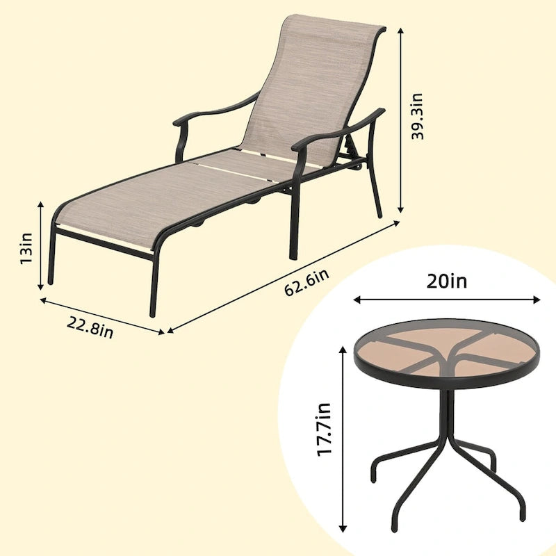 Chaise longue d'extérieur 3 pièces avec table d'appoint