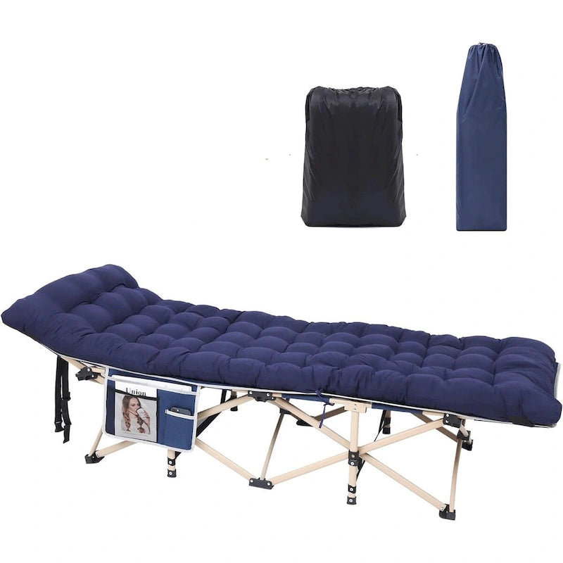 Lit de camp, lit de camping pliable pour adultes avec matelas, oreiller et poches latérales en filet, supporte jusqu'à 227 kg