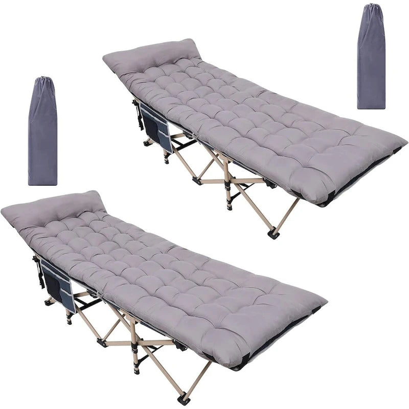 Lit de camp, lit de camping pliable pour adultes avec matelas, oreiller et poches latérales en filet, supporte jusqu'à 227 kg