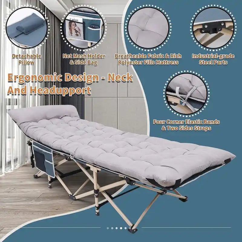Lit de camp, lit de camping pliable pour adultes avec matelas, oreiller et poches latérales en filet, supporte jusqu'à 227 kg