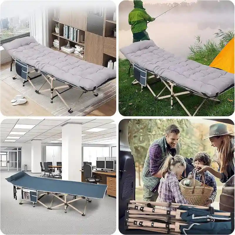 Lit de camp, lit de camping pliable pour adultes avec matelas, oreiller et poches latérales en filet, supporte jusqu'à 227 kg