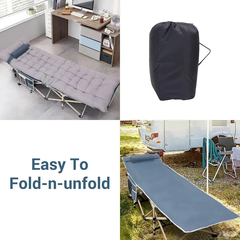 Lit de camp, lit de camping pliable pour adultes avec matelas, oreiller et poches latérales en filet, supporte jusqu'à 227 kg