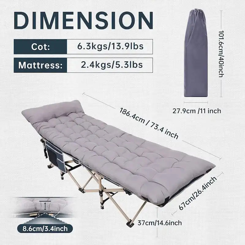 Lit de camp, lit de camping pliable pour adultes avec matelas, oreiller et poches latérales en filet, supporte jusqu'à 227 kg