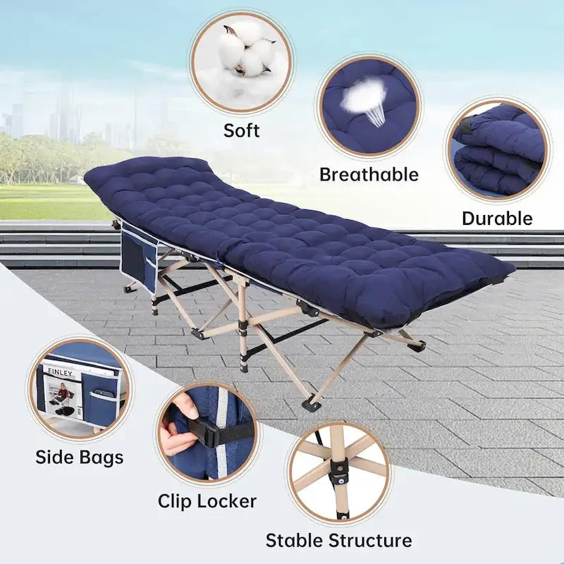 Lit de camp, lit de camping pliable pour adultes avec matelas, oreiller et poches latérales en filet, supporte jusqu'à 227 kg