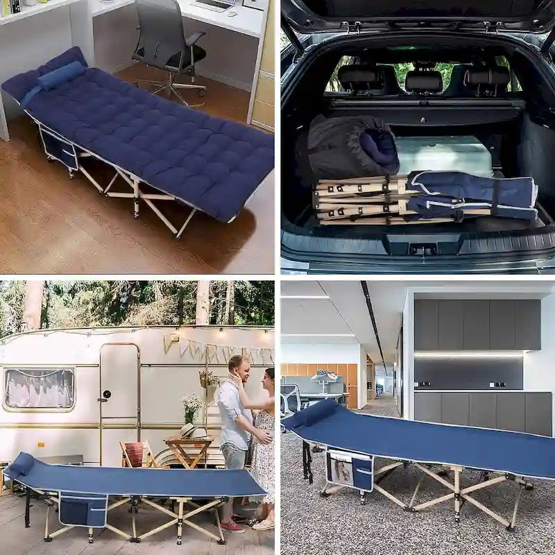 Lit de camp, lit de camping pliable pour adultes avec matelas, oreiller et poches latérales en filet, supporte jusqu'à 227 kg