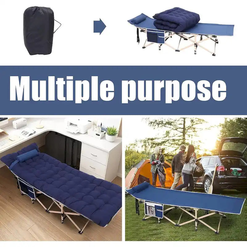 Lit de camp, lit de camping pliable pour adultes avec matelas, oreiller et poches latérales en filet, supporte jusqu'à 227 kg