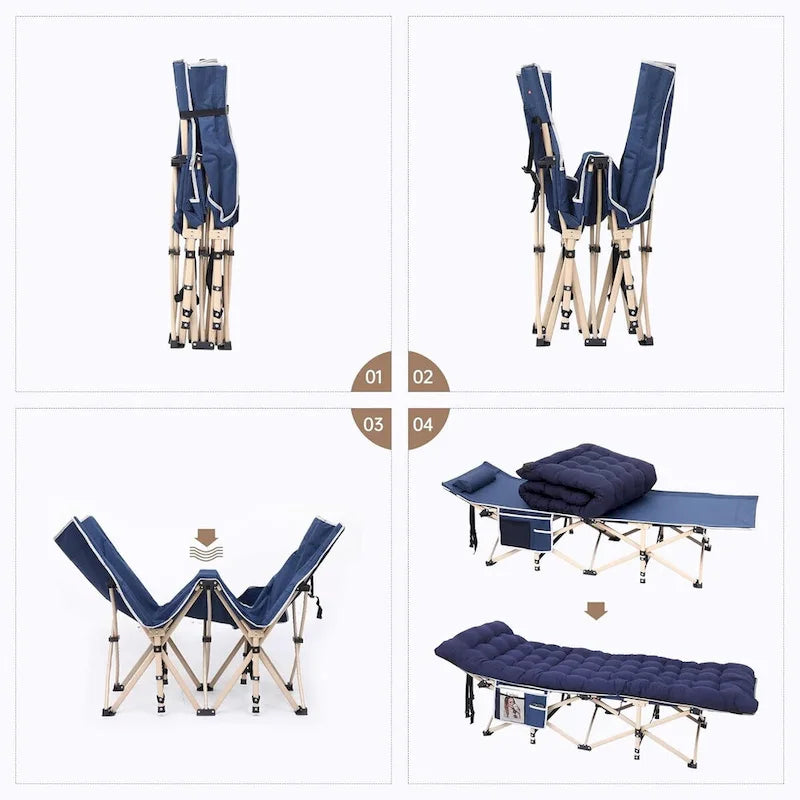 Lit de camp, lit de camping pliable pour adultes avec matelas, oreiller et poches latérales en filet, supporte jusqu'à 227 kg