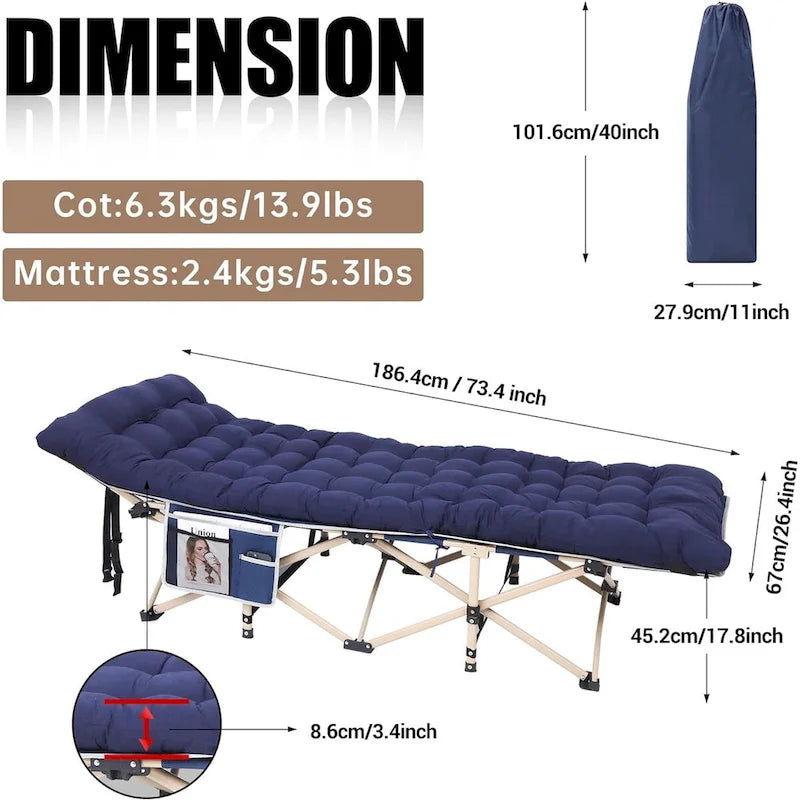 Lit de camp, lit de camping pliable pour adultes avec matelas, oreiller et poches latérales en filet, supporte jusqu'à 227 kg