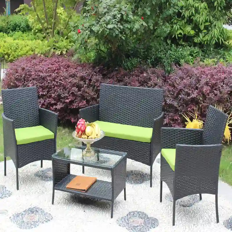 Ensemble de mobilier de patio en rotin 4 pièces, canapé d'extérieur en osier avec coussin (coussin vert)