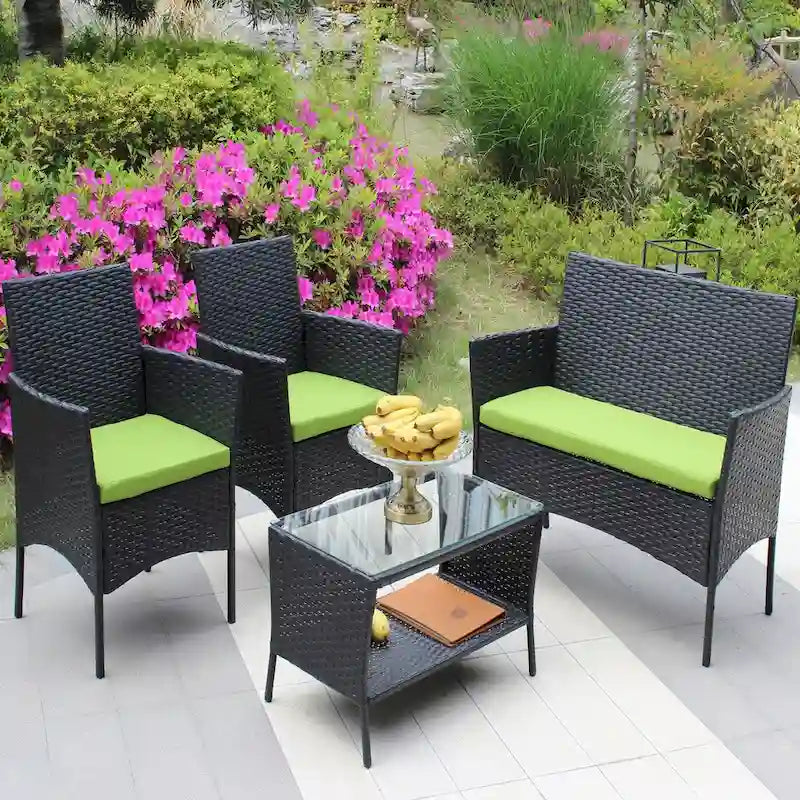 Ensemble de mobilier de patio en rotin 4 pièces, canapé d'extérieur en osier avec coussin (coussin vert)