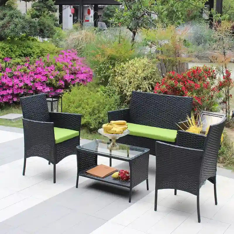 Ensemble de mobilier de patio en rotin 4 pièces, canapé d'extérieur en osier avec coussin (coussin vert)