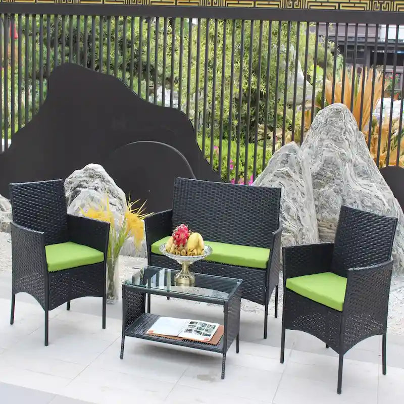 Ensemble de mobilier de patio en rotin 4 pièces, canapé d'extérieur en osier avec coussin (coussin vert)
