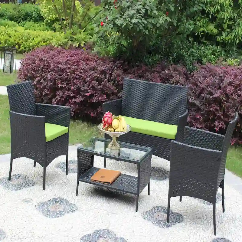 Ensemble de mobilier de patio en rotin 4 pièces, canapé d'extérieur en osier avec coussin (coussin vert)
