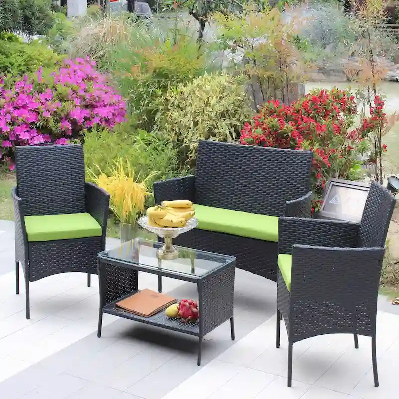 Ensemble de mobilier de patio en rotin 4 pièces, canapé d'extérieur en osier avec coussin (coussin vert)
