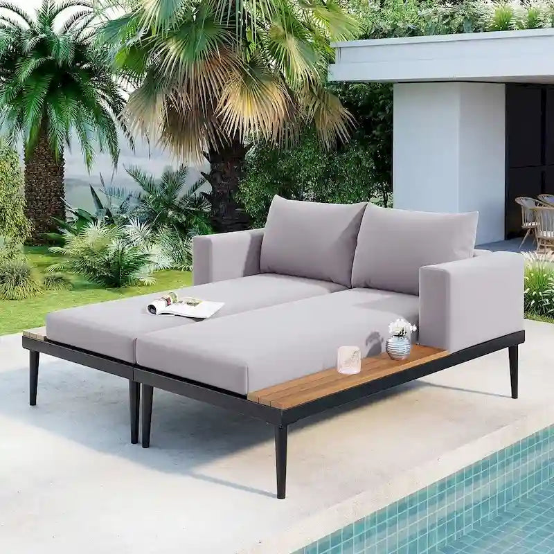 Outdoor 2 in 1 Daybed Padded Chaise Lounges with Wood Topped Side Spaces