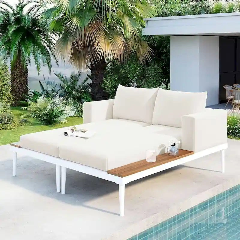 Outdoor 2 in 1 Daybed Padded Chaise Lounges with Wood Topped Side Spaces