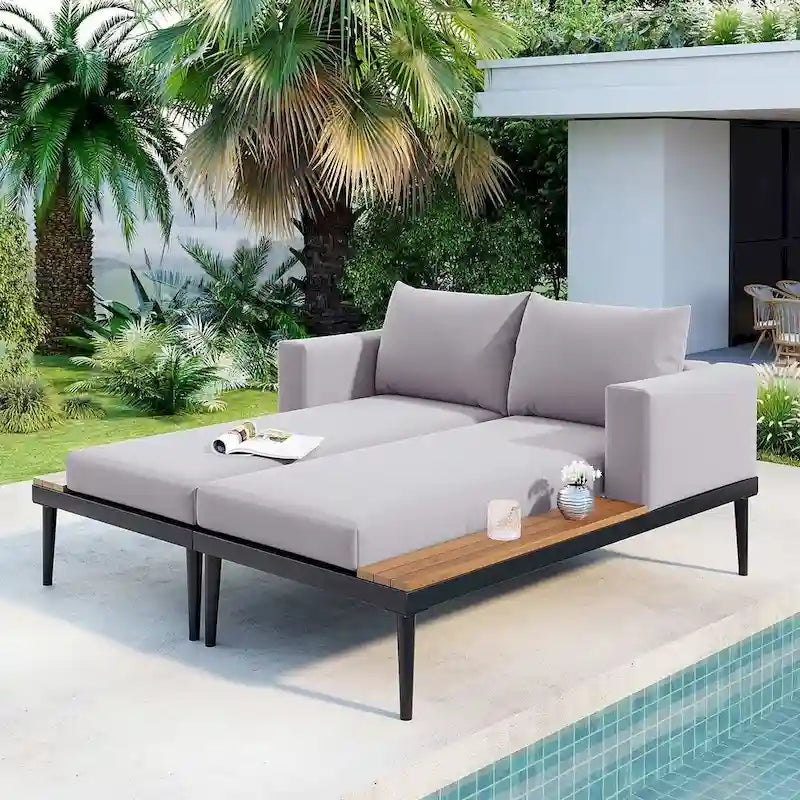 Outdoor 2 in 1 Daybed Padded Chaise Lounges with Wood Topped Side Spaces