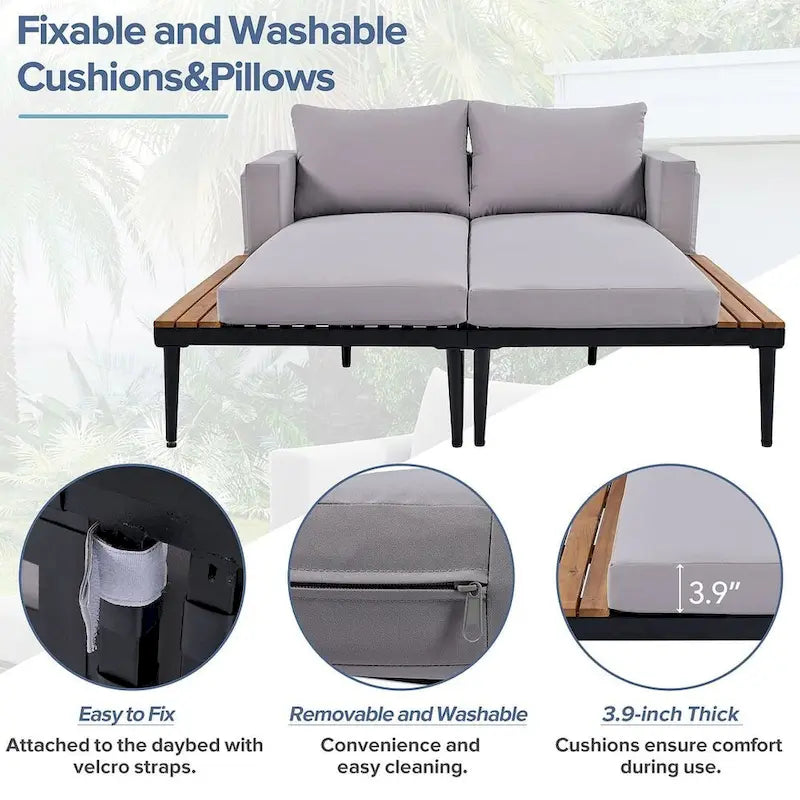 Outdoor 2 in 1 Daybed Padded Chaise Lounges with Wood Topped Side Spaces