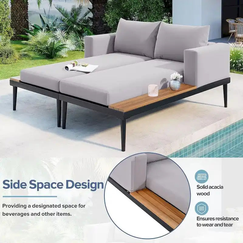 Outdoor 2 in 1 Daybed Padded Chaise Lounges with Wood Topped Side Spaces