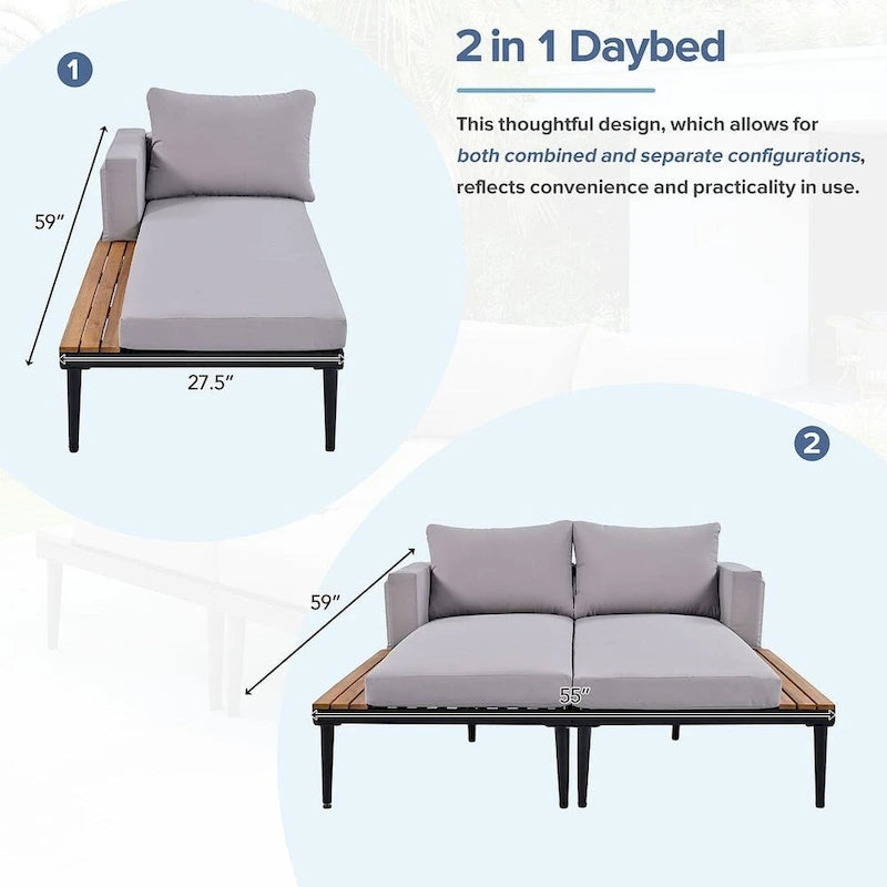 Outdoor 2 in 1 Daybed Padded Chaise Lounges with Wood Topped Side Spaces