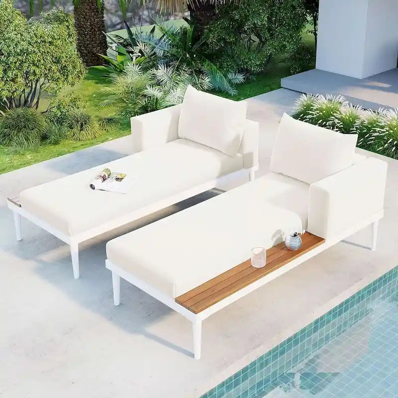 Outdoor 2 in 1 Daybed Padded Chaise Lounges with Wood Topped Side Spaces