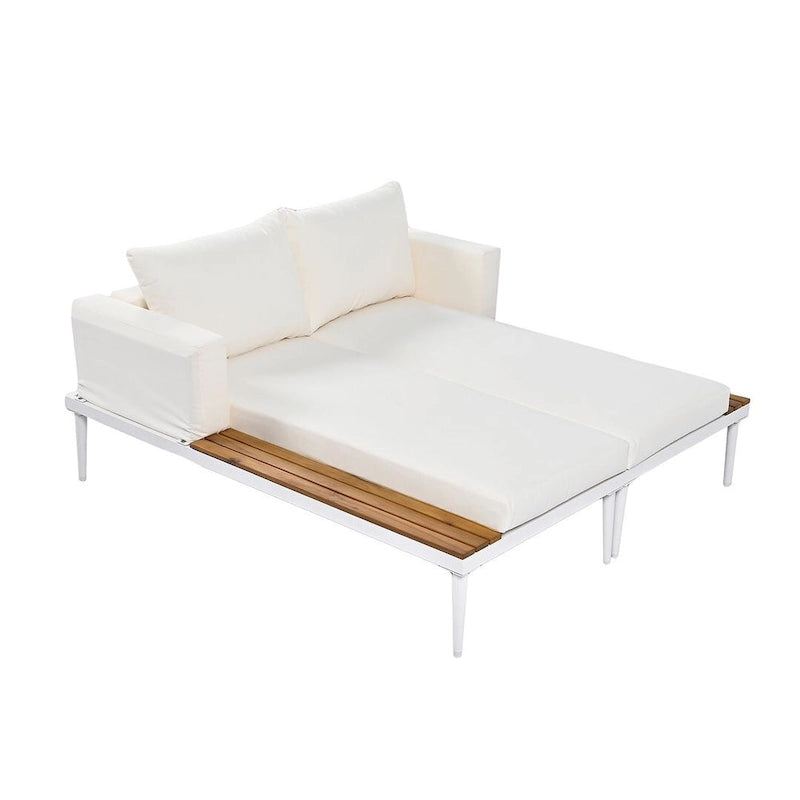 Outdoor 2 in 1 Daybed Padded Chaise Lounges with Wood Topped Side Spaces