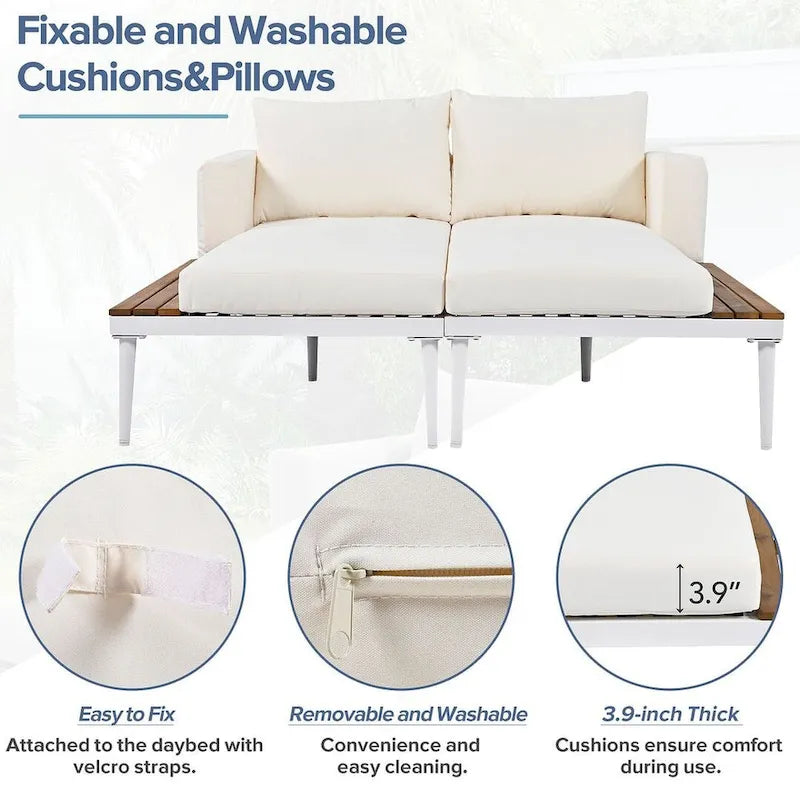 Outdoor 2 in 1 Daybed Padded Chaise Lounges with Wood Topped Side Spaces
