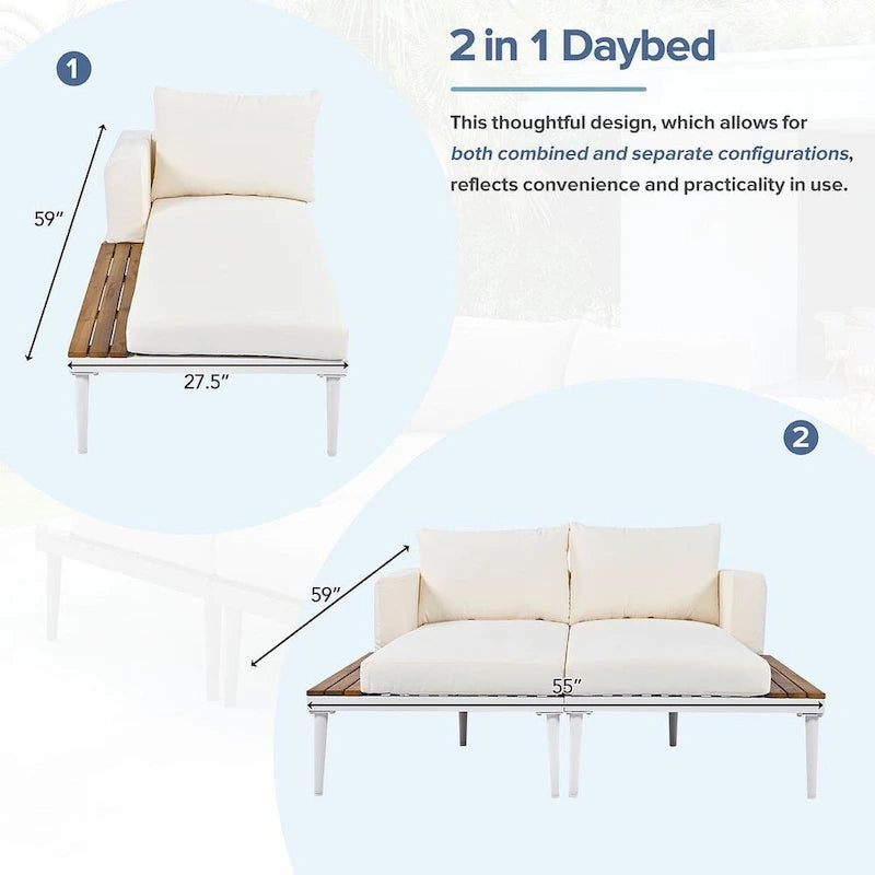 Outdoor 2 in 1 Daybed Padded Chaise Lounges with Wood Topped Side Spaces