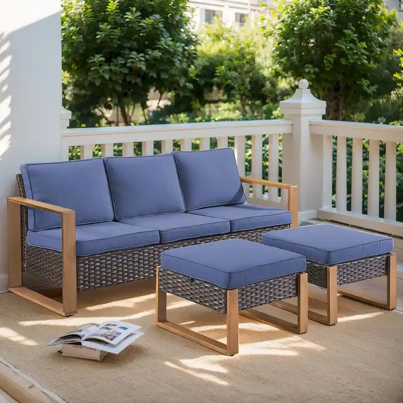 Gymojoy PE Wicker Patio Sofa Sectional Sofa with Ottoman - Brown